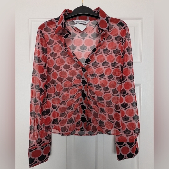 ZARA - Red & Black Rushed Mesh/Sheer Button-Down Blouse - Picture 2 of 9